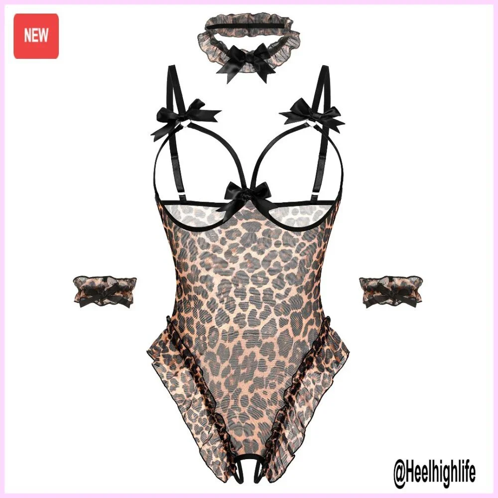 Sheer Mesh Bodysuit Set with Detachable Collar and Cuffs